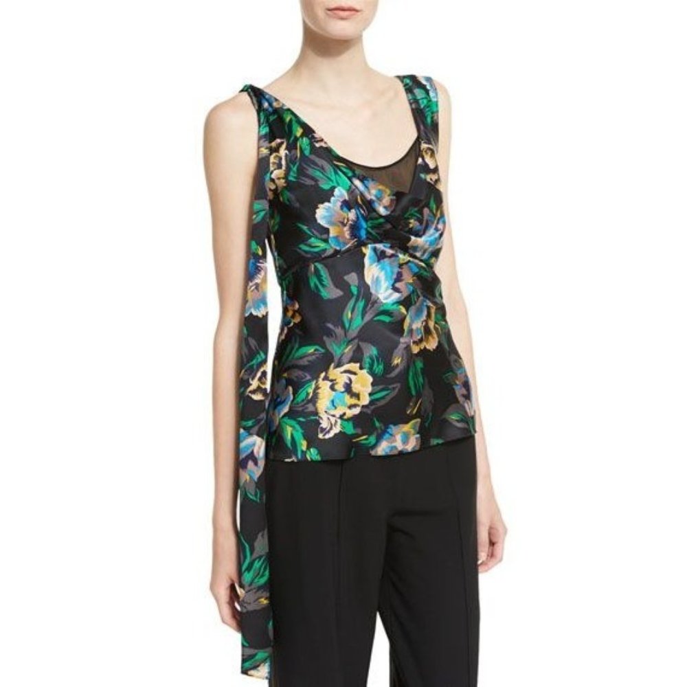 Diane von Furstenburg NWT Floral Top  Shoulder Bow Shirt Black Green DVF xs P